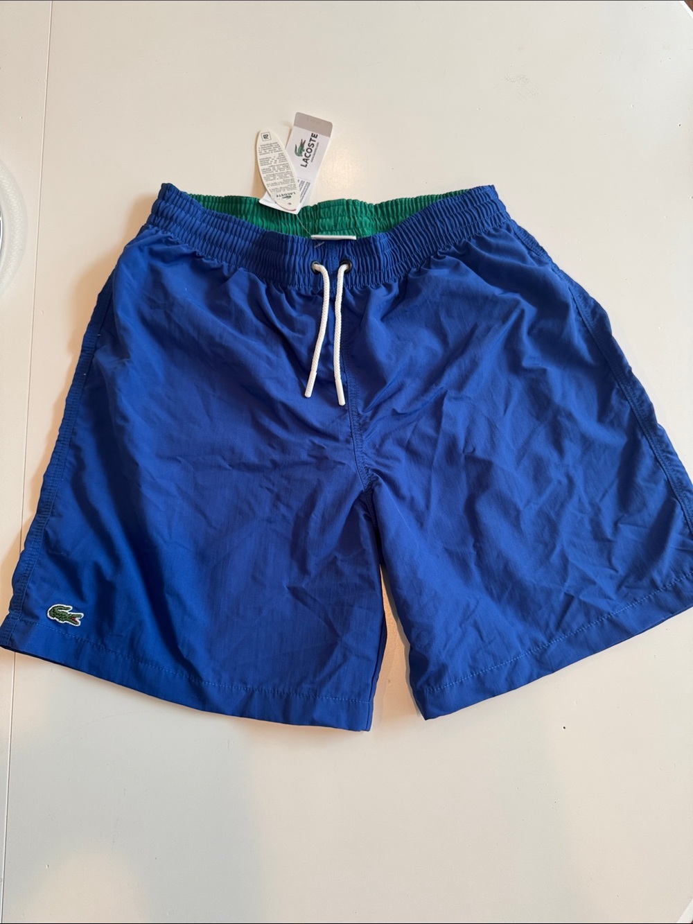 Lacoste Royal Blue Swim Trunks with Green Waistband and White Drawstring